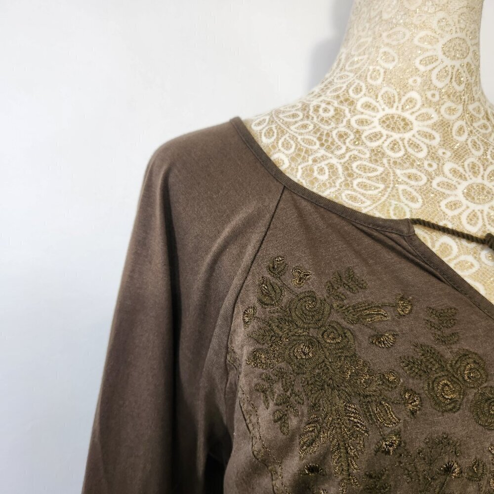 J Jill Women's Size L Pine Green Embroidered Tassel Tie Bell Sleeve Peplum Top - Picture 5 of 16